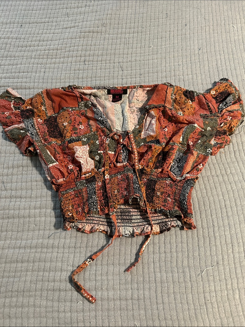 Patchwork Tie-Front Smocked Crop Top — Rust Multi